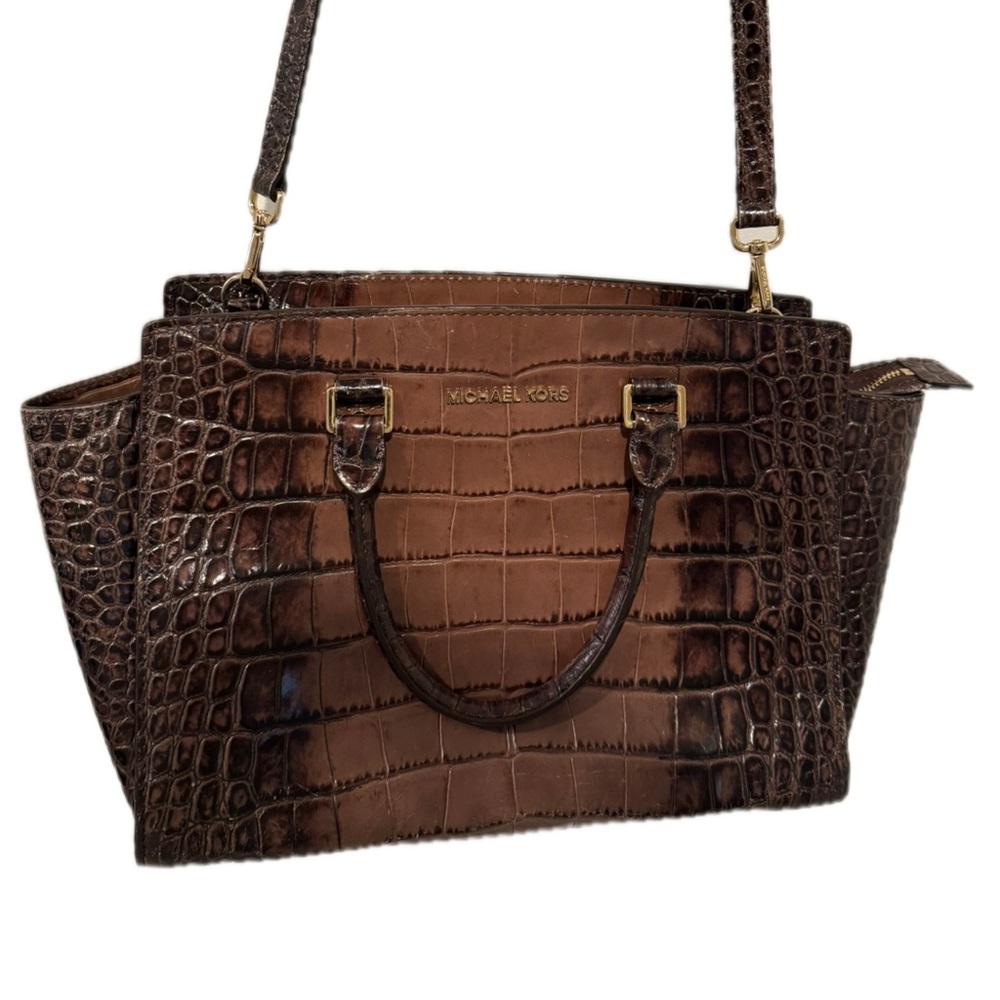 Michael Kors Selma Brown Croc-Embossed Large Satchel Crossbody